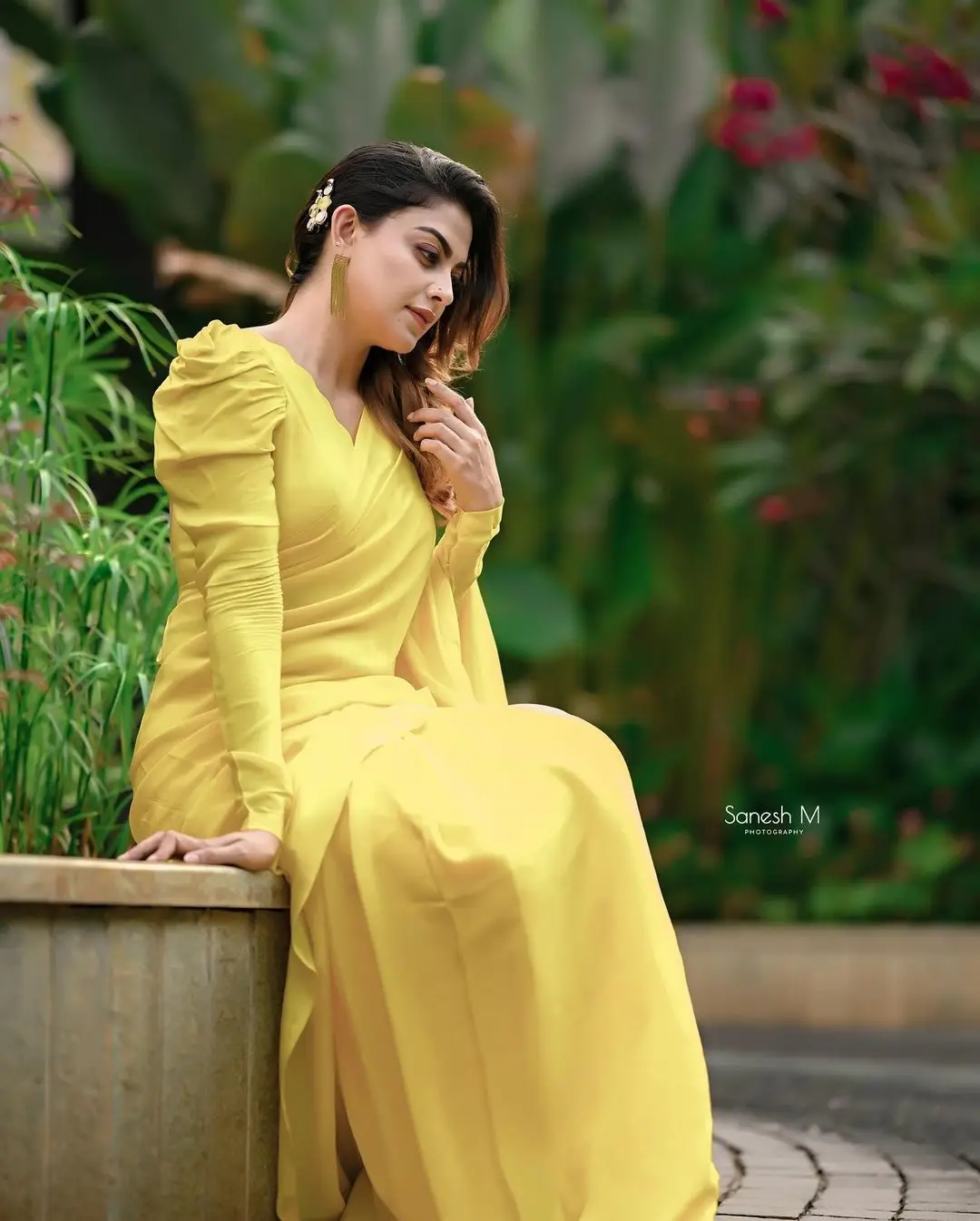 Anusree Nair In South Indian Traditional Yellow Saree Earrings Jewellery